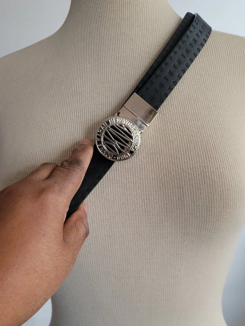 DKNY Black Logo w/Smooth B Silver Logo Buckle Belt (Size: S/M)